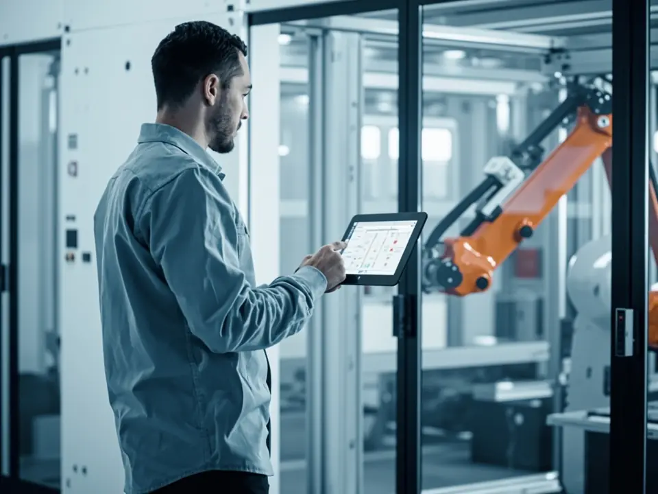 A controls engineer programming an industrial robot from a tablet